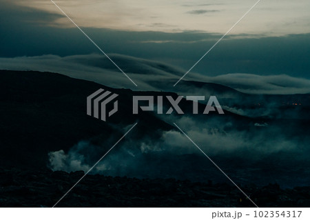 Fagradalsfjall, Iceland - June, 2021: volcano eruption near Reykjavik, Iceland Fagradalsfjall, Iceland - June, 2021: volcano eruption near Reykjavik, Iceland 102354317