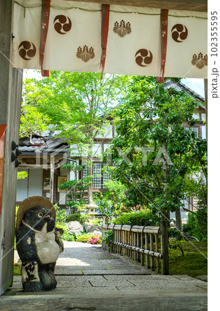 輝く新緑とタヌキの置物が参拝客をお出迎え。岡山県真庭市・普門寺 102355595