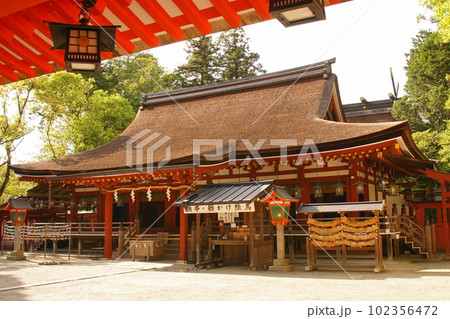 国宝に指定されている奈良「石上神宮」の拝殿が夕日に照らされている 102356472