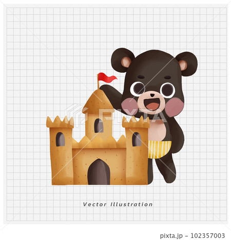 summer vacation theme. Cute kawaii animal black bear play sand castle. hand draw watercolor cartoon illustration summer vacation theme. Cute kawaii animal black bear play sand castle. hand draw watercolor cartoon illustration 102357003