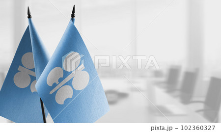 Small flags of the Organization of the Petroleum Exporting Countries on an abstract blurry background 102360327