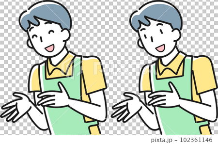 一個圍著圍裙的年輕人微笑著伸出援助之手 102361146