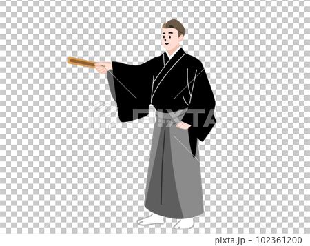 扇子で指し示す袴姿の男性 102361200