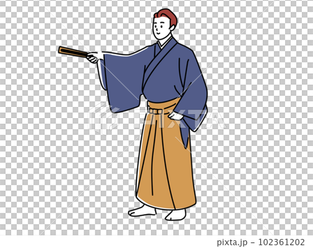 A man in a hakama pointing with a folding fan A man in a hakama pointing with a folding fan 102361202
