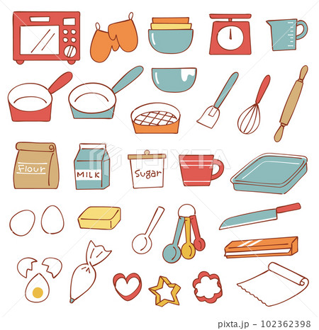 手描きタッチのお菓子作りのキッチンツールセット 102362398
