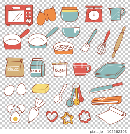 手描きタッチのお菓子作りのキッチンツールセット 102362398