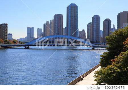 高層マンション群を背景に控える隅田川と永代橋の見える風景 102362476