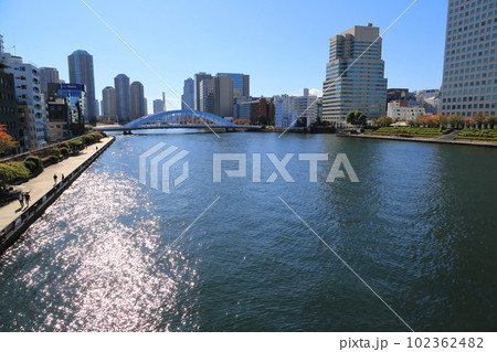 遊歩道が続く隅田川テラスとオフィスビル群 102362482