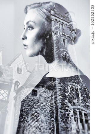 Woman, building and double exposure with black and white effect for city art deco. Creative, architecture and church overlay on young female model with urban buildings design for monochrome and idea 102362508