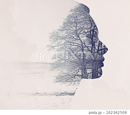 Woman, face and tree with double exposure and nature, creativity and environment with mockup space. Art abstract, female person profile and overlay, illustration and reflection with sustainability 102362509