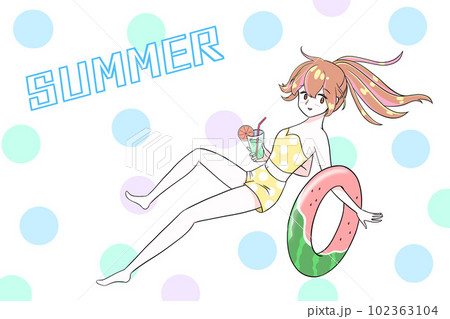 夏休みではしゃぐ女の子　浮き輪と水着　涼しげ　爽やか　イラスト　ドット　宙に浮く女の子　海開き　真夏 102363104