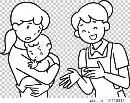 因寶寶心情不好而陷入困境的媽媽和女保育員 因寶寶心情不好而陷入困境的媽媽和女保育員 102363134