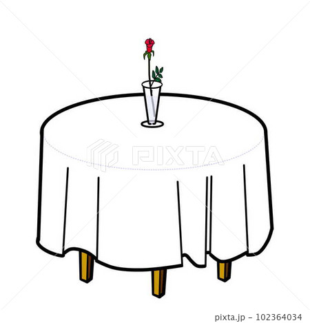 白いテーブルクロスとバラの1輪挿しの乗った丸テーブルのイラスト素材