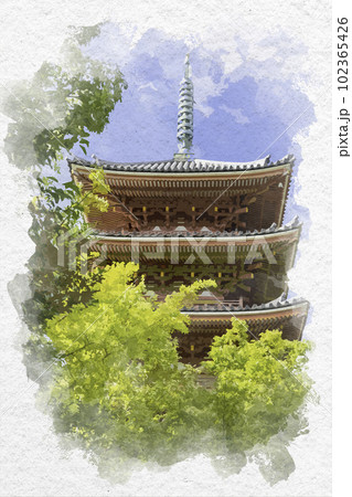 水彩画風 四国八十八箇所86番 志度寺 五重塔 香川県さぬき市 水彩画風 四国八十八箇所86番 志度寺 五重塔 香川県さぬき市 102365426
