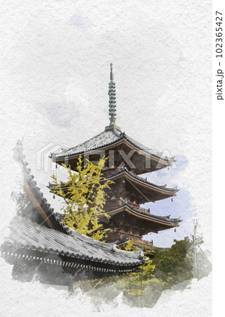 水彩画風　四国八十八箇所86番　志度寺　五重塔　香川県さぬき市 102365427