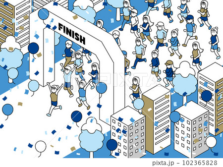 アイソメトリック　マラソンする女性　冬　ゴール 102365828