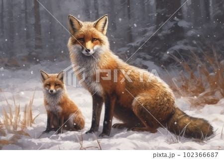 雪原に佇むキツネの親子：AI作品のイラスト素材 [102366687] - PIXTA