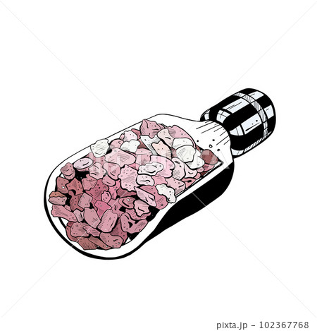 Vector illustration of sea cosmetic salt on small shovel. Black outline of pink cristals, skillfully hand drawn in curves. For textile printings, stickers, logo, stamps, posters, banners, advertisment 102367768