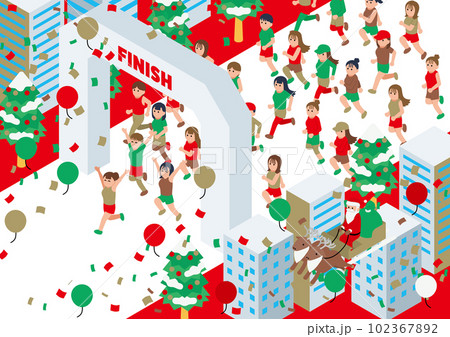 アイソメトリック　マラソンする女性　線なし　クリスマス　ゴール 102367892