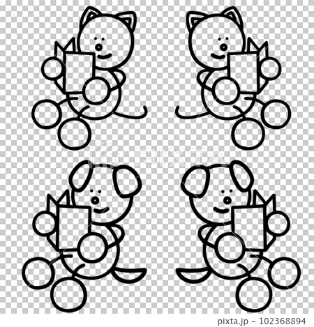 読書をするわんまるとにゃんまるの線画セット　犬　猫 102368894