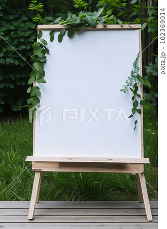 A generic flower or roses store display welcome window with a mockup of a blank, clean signboard seen from the street. Generative AI. 102369014