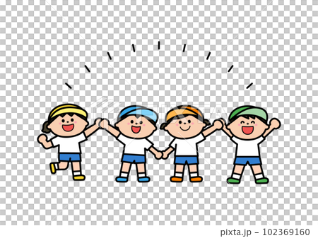 Children in gym clothes holding hands with a smile 102369160