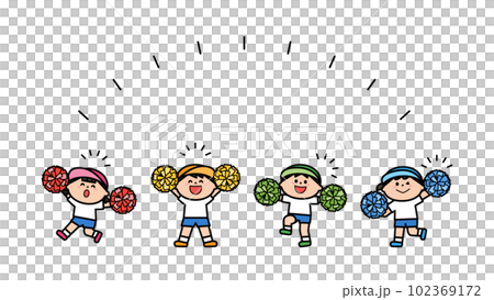 ポンポンを持って応援する体操服の子どもたち ポンポンを持って応援する体操服の子どもたち 102369172