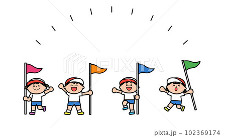 運動会　旗を持つ子どもたち 102369174