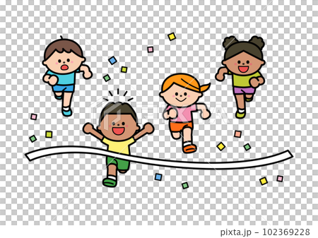 かけっこをする様々な人種の子どもたち　ゴールシーン 102369228