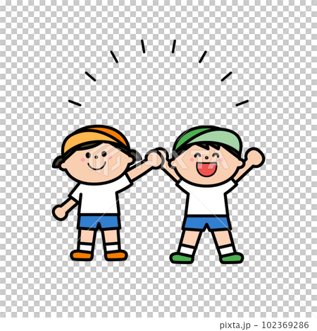 穿著運動服的孩子們手牽著手微笑 穿著運動服的孩子們手牽著手微笑 102369286