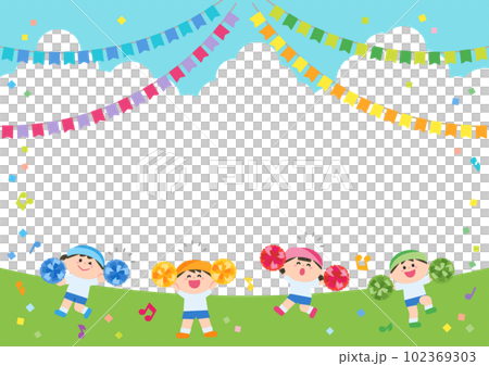 イラストフレーム　運動会　ポンポンを持って踊る子どもたち 102369303