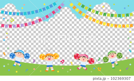 イラストフレーム　運動会　ポンポンを持って踊る子どもたち 102369307