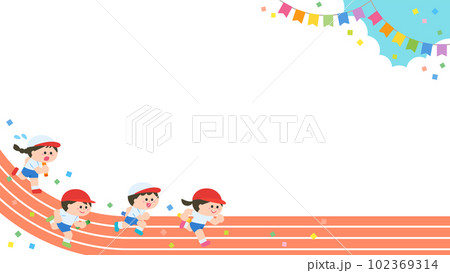 イラストフレーム　運動会　トラックを走る子どもたち 102369314
