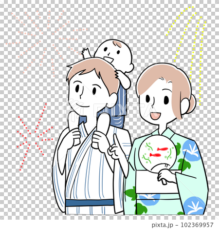 Family watching fireworks in yukata 102369957