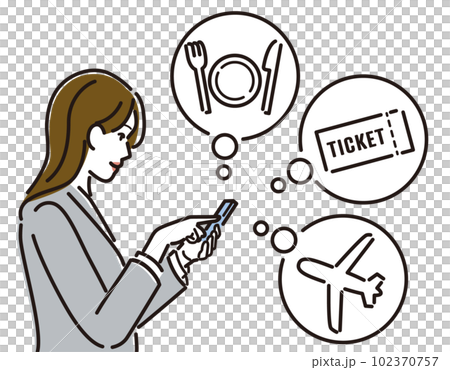 スマホで旅行や出張の下調べをする女性ビジネスパーソンの横顔 スマホで旅行や出張の下調べをする女性ビジネスパーソンの横顔 102370757