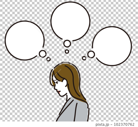 色々な考えが浮かぶ落ちこんだ表情の女性ビジネスパーソン 色々な考えが浮かぶ落ちこんだ表情の女性ビジネスパーソン 102370762