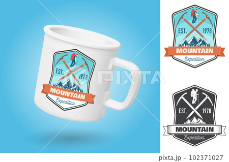 White camping cup. Realistic mug mockup template with sample design. Mountain expedition patch. Vector. Concept for shirt or badge, print, stamp or tee. Design with ice axe, mountaineer and mountain 102371027
