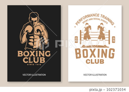 Set of Boxing club badge, logo design. Vector illustration. For Boxing sport club emblem, sign, patch, shirt, template. Retro poster, banner with Boxer, gloves, boxing jump rope and shoes Silhouette. 102371034