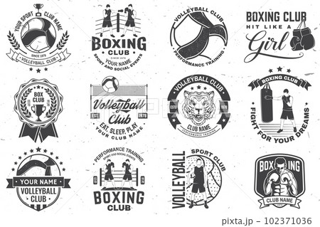 Set of Boxing club and Volleyball club badge, logo design. Vector. Vintage monochrome label, sticker with volleyball ball, player, referee whistle, Boxer, gloves, boxing jump rope and shoes. 102371036