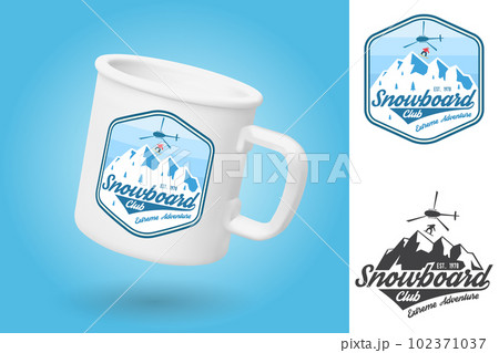 White camping cup. Realistic mug mockup template with sample design. Snowboard Club patch. Vector. Design with snowboard, helicopter and mountain silhouette. Extreme sport. 102371037