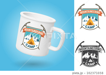 White camping cup. Realistic mug mockup template with sample design. Mountaineering camp patch. Vector. Design with ice axe, camping and mountain silhouette. Outdoors adventure emblem. 102371038