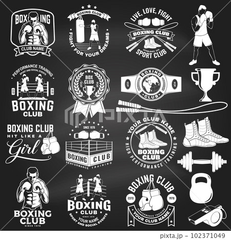 Set of Boxing club badge, logo design on chalkboard. Vector illustration. For Boxing sport club emblem, sign, patch, shirt, template. Vintage monochrome label, sticker with Boxer, gloves, boxing jump Set of Boxing club badge, logo design on chalkboard. Vector illustration. For Boxing sport club emblem, sign, patch, shirt, template. Vintage monochrome label, sticker with Boxer, gloves, boxing jump 102371049