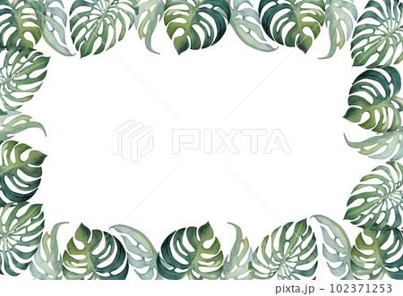 Hand drawn watercolor exotic monstera leaves and hibiscus flowers. Circle wreath frame. Isolated on white background. Design wall art, wedding, print, fabric, cover, card, tourism, travel booklet. Hand drawn watercolor exotic monstera leaves and hibiscus flowers. Circle wreath frame. Isolated on white background. Design wall art, wedding, print, fabric, cover, card, tourism, travel booklet. 102371253