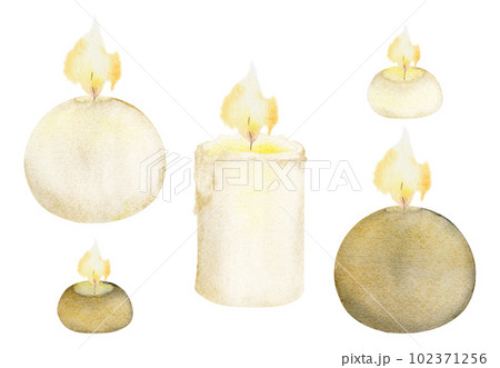 Hand drawn watercolor assorted candles lit with flames. Votives, balls, tea lights, pillars. Isolated object on white background. Design for wellness resort, print, fabric, cover, card, booklet. Hand drawn watercolor assorted candles lit with flames. Votives, balls, tea lights, pillars. Isolated object on white background. Design for wellness resort, print, fabric, cover, card, booklet. 102371256