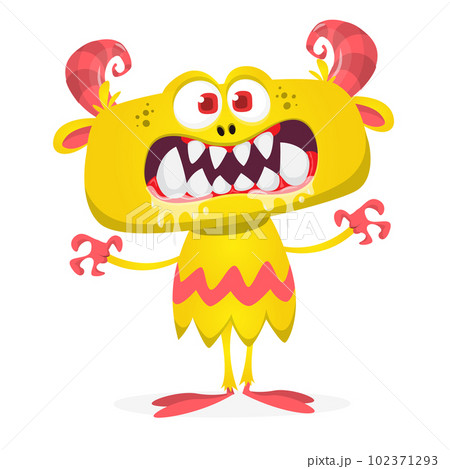 Funny cartoon smiling monster creature. Halloween Illustration of happy alien character. Vector isolated 102371293