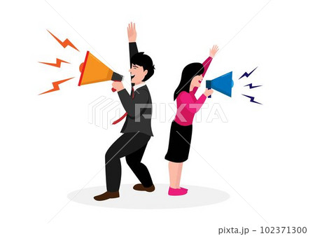 Communicate message, announce job vacancy for hiring, shouting promotion or company communication, warning alert or beware or important message concept, businessman and woman shouting on megaphone. Communicate message, announce job vacancy for hiring, shouting promotion or company communication, warning alert or beware or important message concept, businessman and woman shouting on megaphone. 102371300
