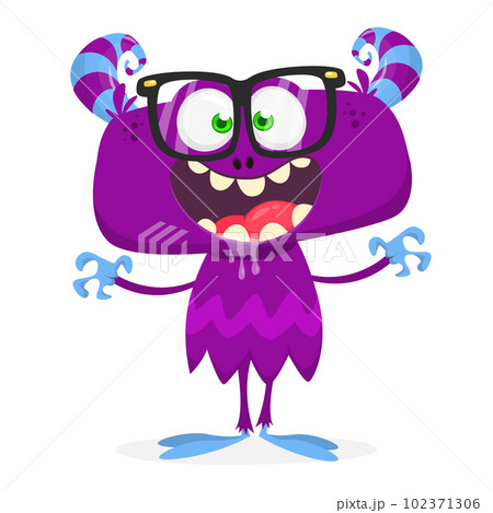 Funny cartoon smiling monster creature. Halloween Illustration of happy alien character. Vector isolated 102371306