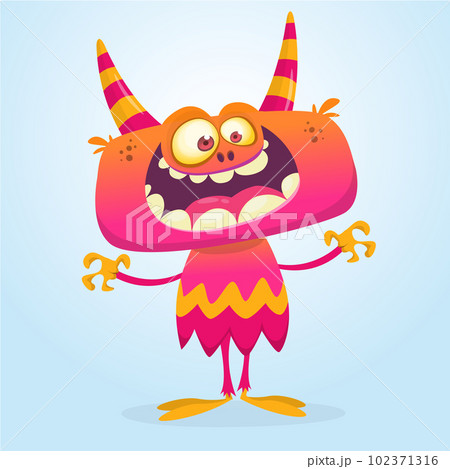 Funny cartoon smiling monster creature. Halloween Illustration of happy alien character. Vector isolated 102371316