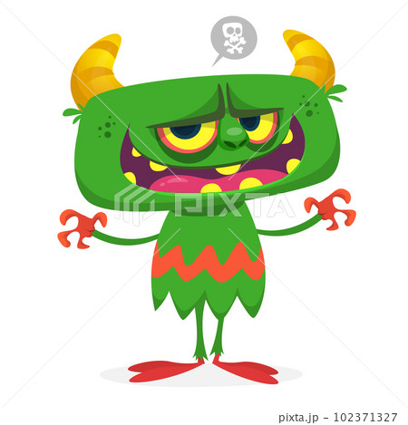 Funny cartoon smiling monster creature. Halloween Illustration of happy alien character. Vector isolated 102371327