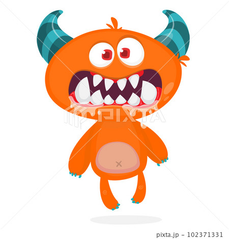 Funny cartoon smiling monster creature. Halloween Illustration of happy alien character. Vector isolated 102371331
